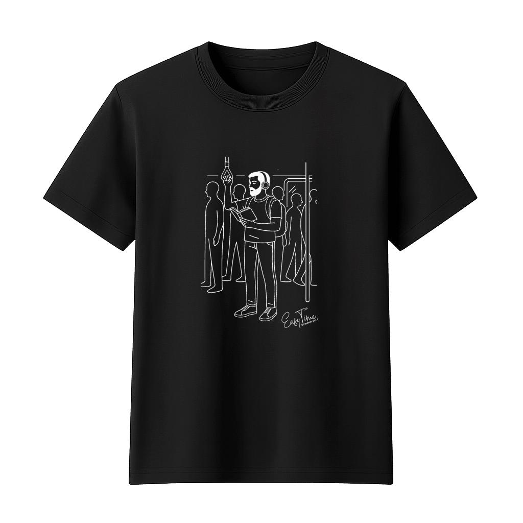 polera literaria con diseño lector hombre leyendo en el metro color negro